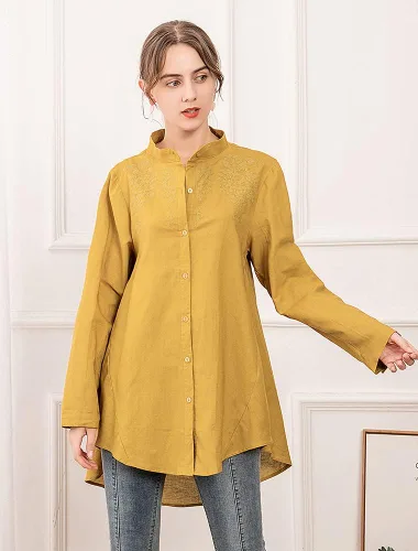 Vista 6 de Minibee Camisa de lino de algodón para mujer, blusa bordada de manga larga con botones
