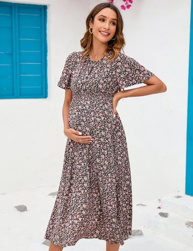 Vista 5 de KOJOOIN Vestido de maternidad bohemio con volantes de manga corta para mujer, vestido midi con cuello redondo fruncido floral para baby shower