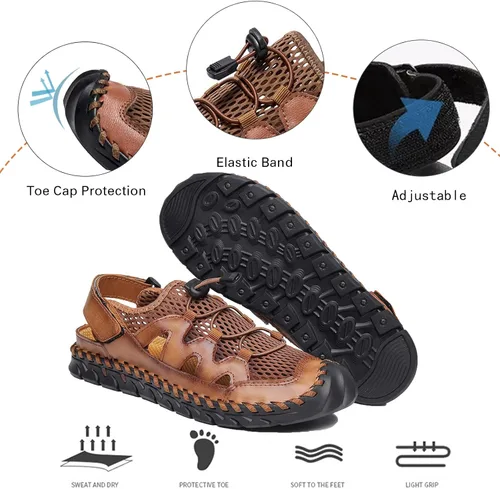 Vista 2 de Sandalias para hombre, zapatos de playa de cuero de verano para pescador, sandalias de punta cerrada para hombres, sandalias de agua transpirables