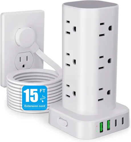 Vista 20 de Regleta de alimentación con cargador inalámbrico, protector de sobretensiones de enchufe plano con cable de extensión de 6 pies, 12 tomas