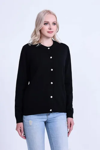 Vista 2 de SMILING PINKER Suéter de punto con cuello redondo y botones de perlas para mujer, peso medio