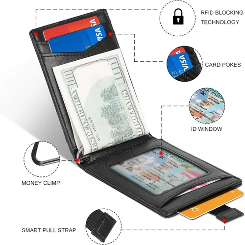 Vista 4 de BIAL Billetera para hombre, billetera delgada plegable con clip para dinero, billetera RFID con 6 tarjeteros de crédito y 1 ventana
