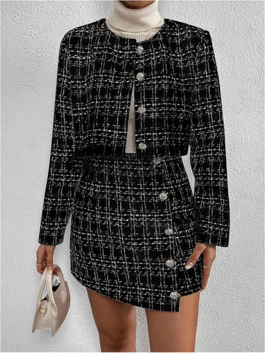 Vista 5 de Floerns Conjunto de 2 piezas para mujer, blazer de tweed a cuadros, chaqueta de manga larga y falda