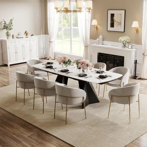 Vista 16 de Honyee Mesa de comedor de piedra sinterizada, mesa de comedor extensible con hojas, parte superior rectangular de aspecto de mármol, asientos 6-12