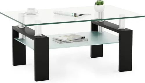 Vista 9 de IANIYA Mesa de Centro de Vidrio, Mesa de Centro Rectangular Negra para Sala de Estar con Vidrio Templado y Tubo de Metal, 2 Niveles de Espacio