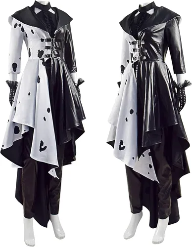 Vista 3 de Cruella Cosplay abrigo vestido mujer dálmata chaqueta pantalón falda traje malvado diablo Halloween traje negro blanco traje niña