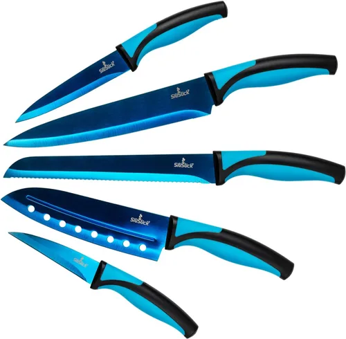Vista 13 de SiliSlick Rainbow - Juego de cuchillos de cocina afilados de acero inoxidable con revestimiento de titanio, chef, pan, Santoku, pelar y utilidad