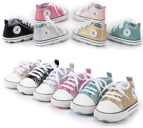 Vista 9 de Zapatos deportivos de lona para bebés y niñas con diseño de estrellas, suela antideslizante suave para recién nacidos, primeros caminantes