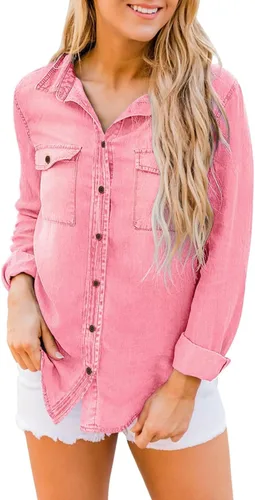 Vista 4 de luvamia Camisa vaquera de chambray para mujer, camisas occidentales de manga larga con botones