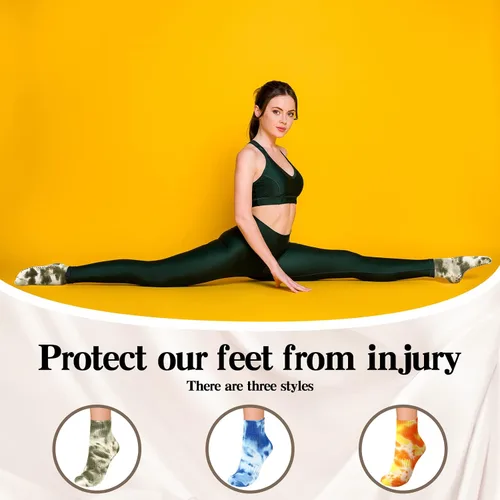 Vista 5 de Handepo 3 pares de calcetines de yoga para pilates con empuñaduras, calcetines de yoga de teñido anudado, calcetines atléticos acolchados