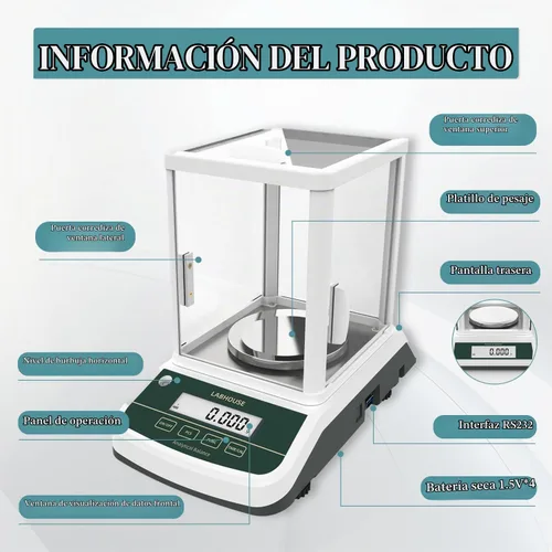 Vista 4 de Balanza analítica de laboratorio FA2003S, 7.05 oz/0.00004 oz, pantalla dual Alta precisión, calibración externa, legibilidad de 1 mg, escala