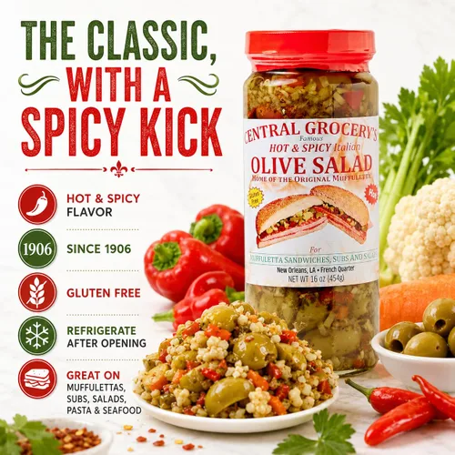 Vista 4 de Central Grocery Ensalada de aceitunas picante y picante de 16 onzas, auténtica ensalada de aceitunas italianas de Nueva Orleans, sándwich picante