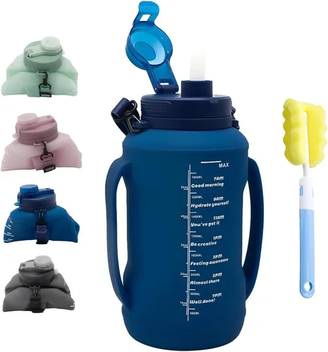 Vista 11 de Botella de agua plegable de silicona de 64 onzas con pajilla, sin BPA, botella de viaje plegable portátil para gimnasio, senderismo, campamento Negro