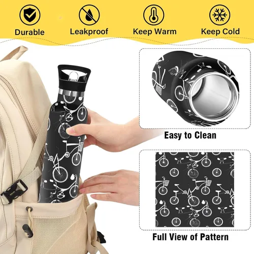 Vista 4 de Kids Water Bottle with Straw for School Leakproof Sports Water Bottle for Boys Girls 20oz, BPA-Free, Bicycles Black White
