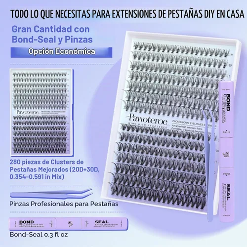 Vista 2 de Kit de Extensión de Pestañas Pawotence DIY 280 piezas, Kit de Racimos de Pestañas Individuales 20D y 30D Naturales 9-15mm, Kit de Extensiones