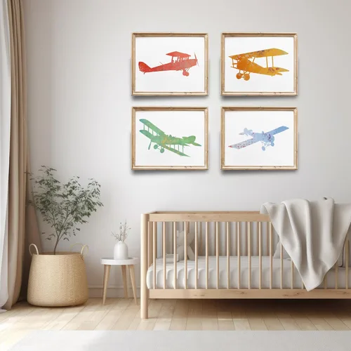 Vista 6 de Impresiones artísticas de aviones de guardería (juego de 4) – sin marco – 8 x 10 segundos Arte de pared encantador y caprichoso para guarderías