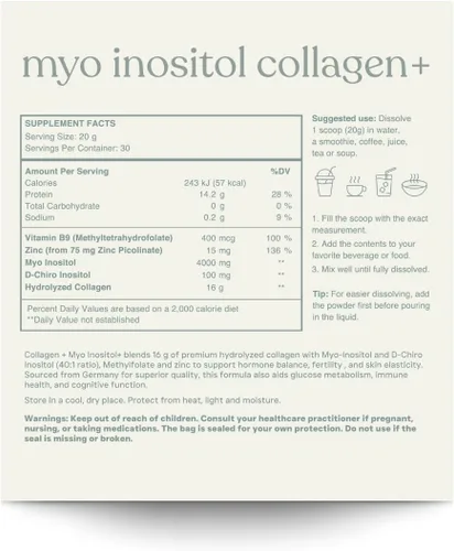 Vista 2 de MYO INOSITOL Collagen+ 21.16 oz sin sabor Mio-inositol y D-Chiro Inositol (40:1), colágeno hidrolizado, folato, zinc y vitamina B6 Equilibrio