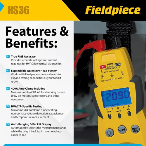 Vista 2 de Fieldpiece HS36 True RMS Multímetro con varilla expandible con oscilador automático y luz trasera