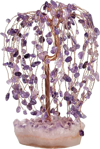 Vista 9 de Nupuyai Árbol de la riqueza de piedra de cristal de alambre de cobre con base de racimo de amatista, hecho a mano, bonsái para la buena suerte, Feng