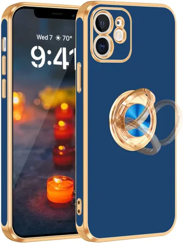 Vista 11 de Fingic Funda para iPhone 12 con Soporte de Anillo, [Soporte de Anillo Giratorio de 360° Magnético con Base] [Borde Dorado Brillante con Enchapado]