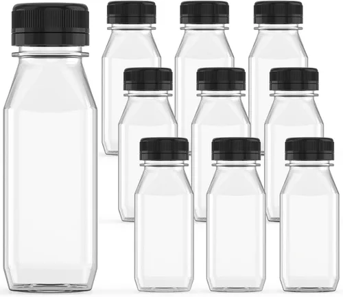 Vista 8 de 5 piezas de botellas de jugo de plástico reutilizables de 6 oz, recipientes transparentes a granel con tapas negras para jugo, batidos, té, leche