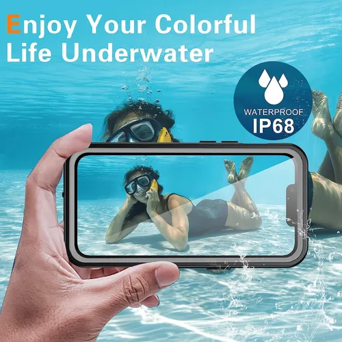 Vista 2 de Funda impermeable para iPhone 15, resistente, negro/transparente Lente y protector de pantalla integrados, protección de alta resistencia, 12 pies a