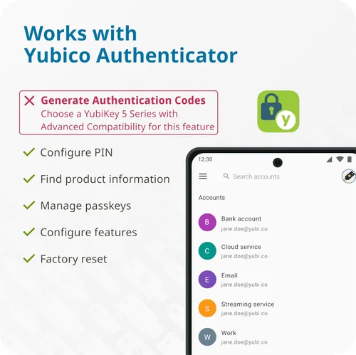 Vista 7 de Yubico - Clave de seguridad C NFC - Compatibilidad básica - Autenticación multifactor (MFA) Clave de seguridad y llave de acceso, Conexión a través