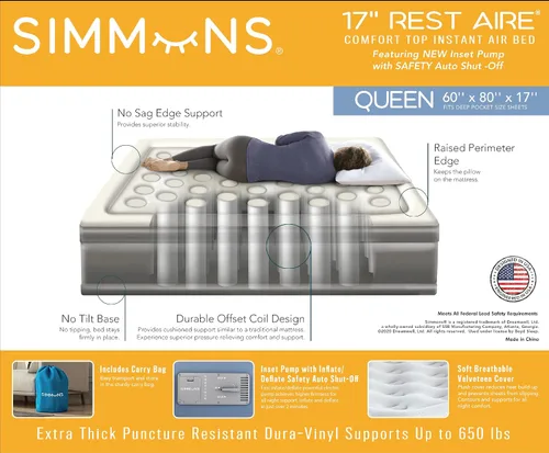 Vista 3 de Simmons Rest Aire Colchón cama de aire con bomba lateral incorporada y cubierta de terciopelo suave: Queen