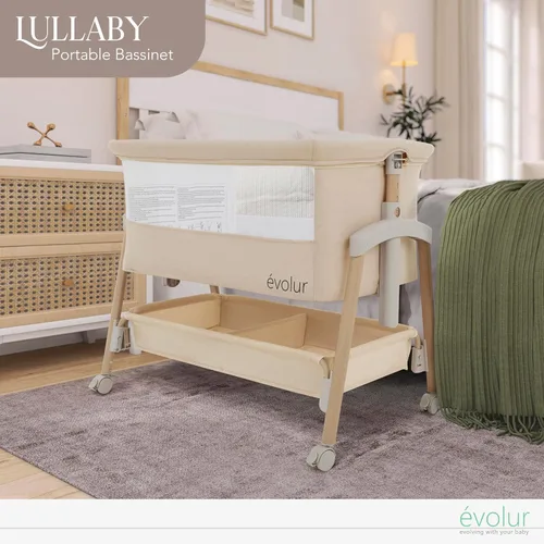 Vista 2 de évolur Cuna portátil con ruedas, moisés ajustable para el lado de la cama, lados de malla transpirable, canastilla de almacenamiento grande, fácil