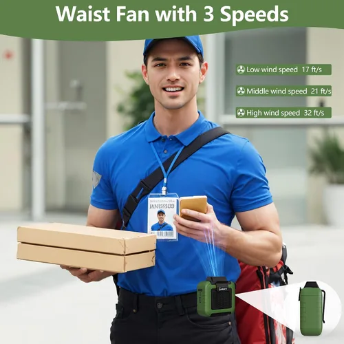 Vista 3 de Ventilador de cintura portátil – Batería de 6000 mAh, 3 velocidades, flujo de aire fuerte, hasta 16 horas de tiempo de trabajo, ventilador portátil