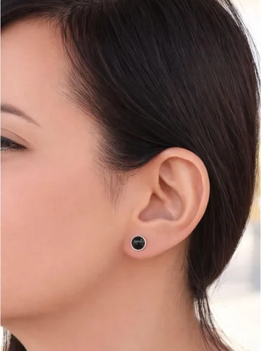 Vista 4 de Aretes de plata de ley 925 maciza hechos a mano con piedras preciosas redondas para mujeres y hombres, disponibles en piedras azules, negras