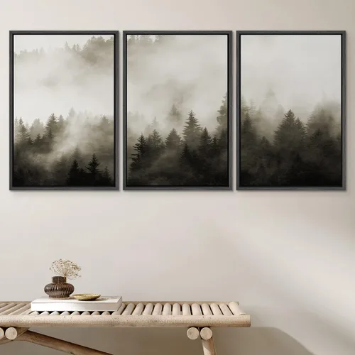 Vista 3 de SIGNWIN Lienzo enmarcado para pared, juego de decoración de guardería de bosques, niebla y niebla sobre bosque de montaña oscura, naturaleza, arte