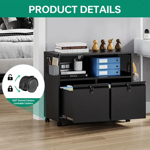 Vista 8 de Letaya Archivador móvil de 2 cajones con cerradura, soporte lateral de metal para impresora, gabinetes de almacenamiento de archivos con estantes