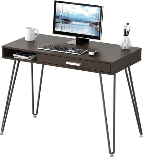 Vista 8 de SHW Escritorio de patas con horquilla para computadora de oficina en casa con cajón, color negro