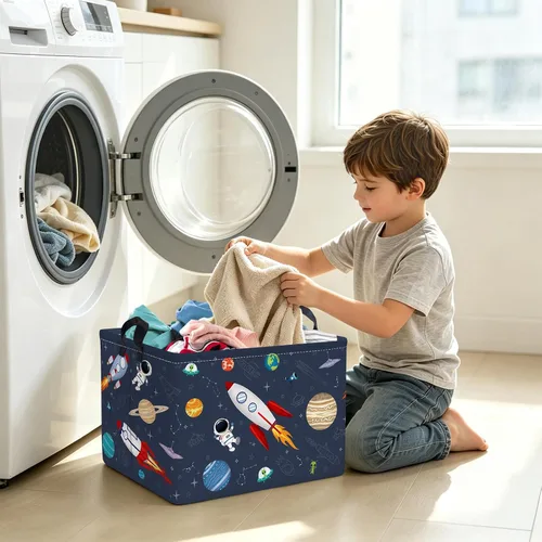 Vista 5 de Clastyle Rocket Astronauta - Cesta rectangular para niños, planeta cósmico, universo, azul, cubo de almacenamiento de juguetes, 36L