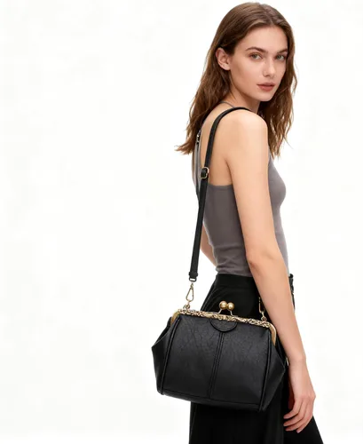 Vista 2 de ROUROU Bolso de mano hueco retro para mujer, bolso de hombro de cuero, bolso de mano de noche, cierre de beso, bolso cruzado, L