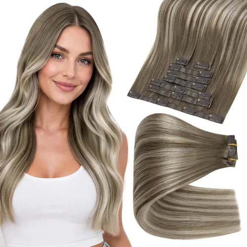 Vista 12 de Full Shine Extensiones de Cabello Rubio con Clip Reflejos Cabello Humano Extensiones con Clip Rubio Ceniza Mezcla Rubio Decolorado PU Extensiones