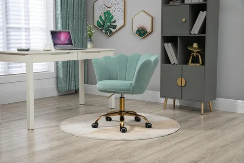 Vista 5 de Silla cómoda de oficina en casa con ruedas, linda silla de escritorio ajustable de terciopelo con respaldo de concha marina moderna giratoria