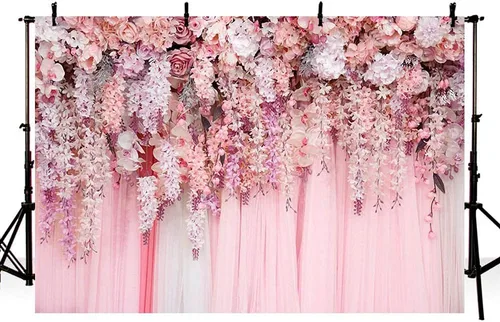 Vista 6 de Telón de fondo de pared floral rosa de 7 x 5 pies para niñas, despedida de soltera, boda, aniversario, flores, baby shower, decoración de fiesta