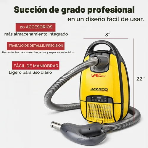Vista 2 de Vapamore Aspiradora MR-500 Vento con cable retráctil, aspiradora multiusos de grado profesional con accesorios, incluye 6 bolsas de polvo HEPA