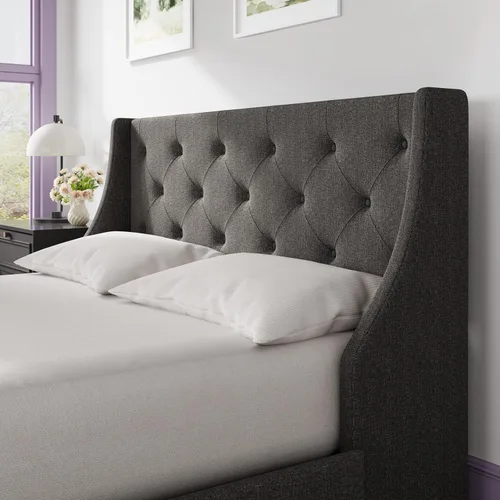 Vista 4 de HOOMIC Base de cama de plataforma tapizada completa con 4 cajones de almacenamiento y cabecera con respaldo de ala, diseño capitoné, fácil montaje