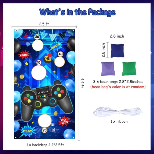 Vista 2 de Videojuegos de lanzamiento, control de videojuegos de nivel, telón de fondo con 3 bolsas de frijoles para niños, suministros de fiesta