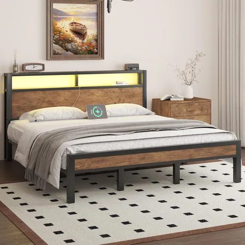 Vista 50 de LOEWAY Base de cama tamaño Queen con cabecero de almacenamiento y luces LED, color gris