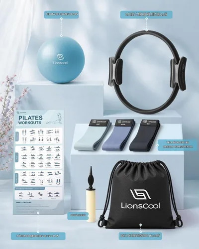 Vista 2 de LIONSCOOL Pilates Ring Set 14" Magic Circle, 9" Mini Ball, Resistance Bands
