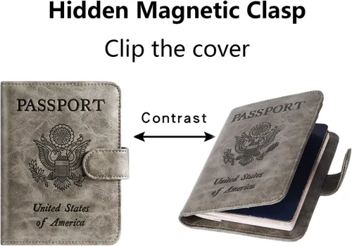 Vista 6 de Funda para pasaporte de piel con bloqueo RFID, accesorios de viaje para mujeres y hombres, gris), 43528-18280