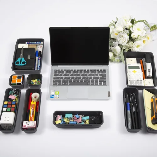 Vista 9 de Kutesna 15 piezas de separadores para cajones de escritorio entrelazados, organizador para oficina, baño, cocina, maquillaje (negro)