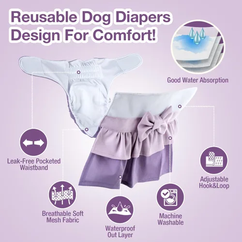 Vista 2 de Pet Soft Pañales para perras – Paquete de 3 pañales lavables estilo vestido para perras hembras en celo – Bragas reutilizables para perrito, pañal