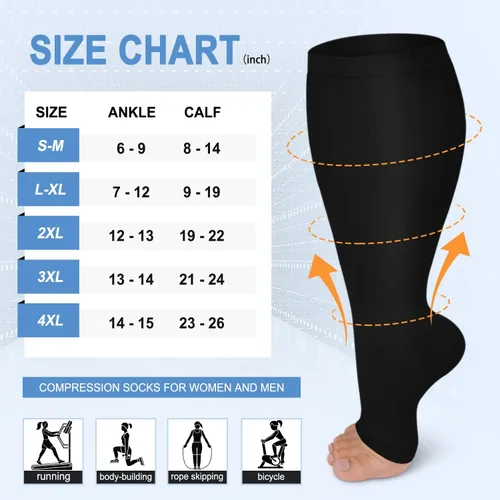 Vista 2 de Paquete de 3 calcetines de compresión de cobre para mujeres y hombres, 20-30 mmHg con punta abierta hasta la rodilla, medias altas para soporte