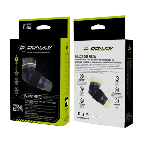 Vista 2 de DonJoy Performance Codera de punto de lujo con correa de compresión, ideal para codo de golfista, codo de tenis y tendinitis de codo, pequeña, negra