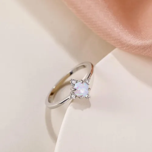 Vista 2 de SHINYSO Anillo de boda chapado en oro de 14 quilates para mujer, anillos finos y apilables, ópalo delicado con circonita cúbica, anillo